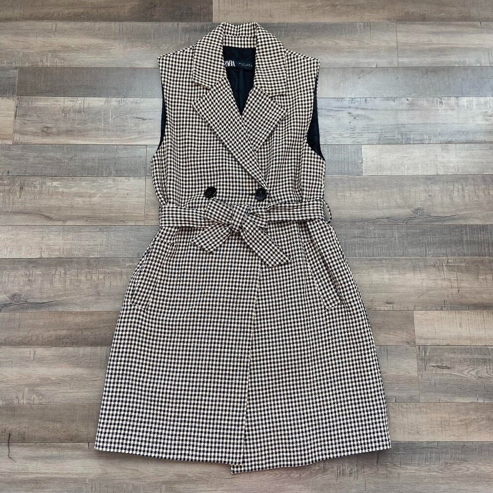 ZARA Black and Tan Houndstooth Tank Dress with Belt | Size Small